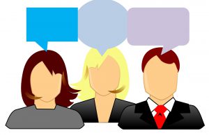 Three clip-art adults with bland speech bubbles