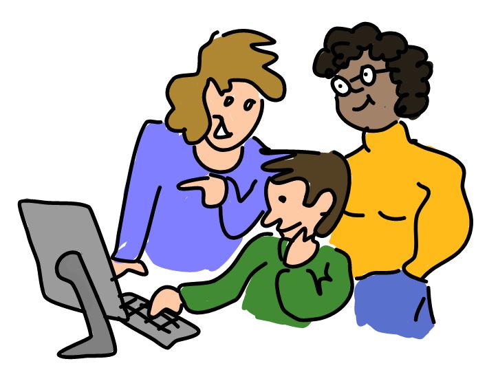 Group working around computer