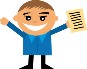 boy man with big smile and arms up holding paper
