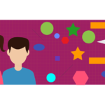 Boy and girl with paper airplane and colourful shapes